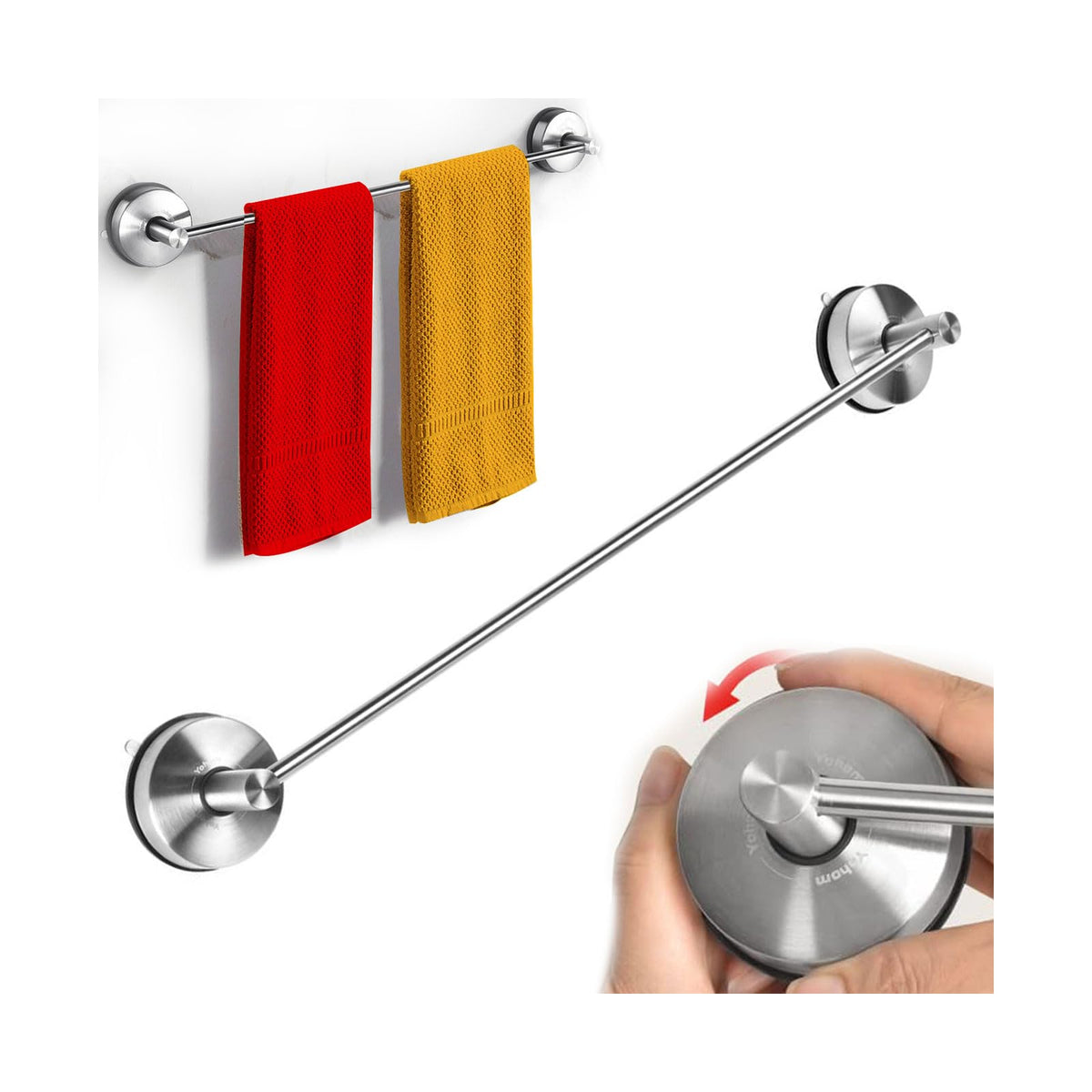 YOHOM Stainless Steel Suction Towel Rail Bathroom 55 CM Vacuum Hand Towel Holder Suction Cup Tea Towel Rack Kitchen Single Shower Towel Bar Wall