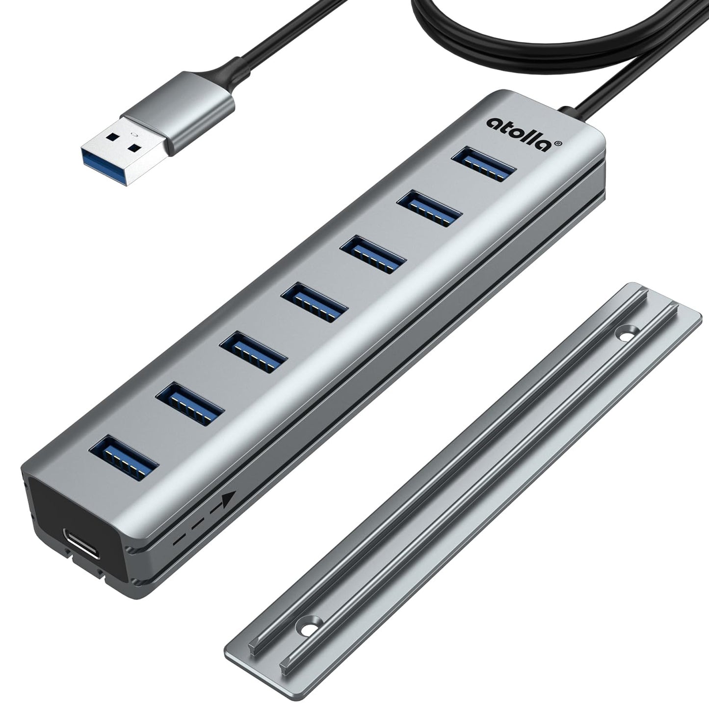 USB Hub 3.0 7-Port with Desk Mounted Design +100cm Long Cable, atolla USB Splitter Adapter with Multi USB 3.0 Data Ports and Powered Type-C, USB
