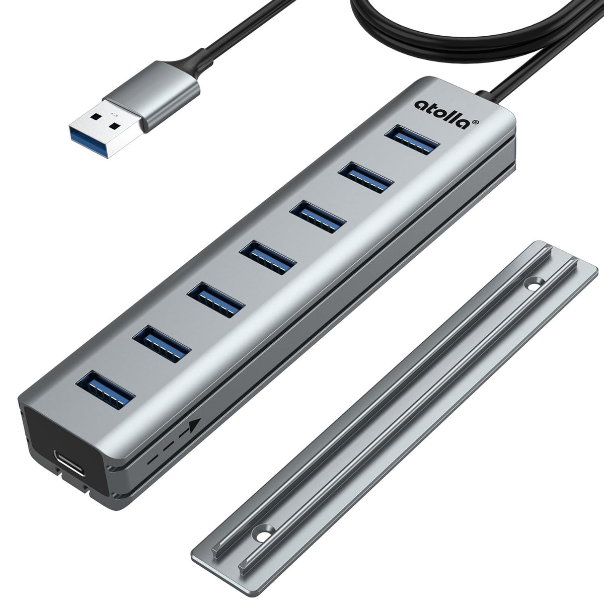 USB Hub 3.0 7-Port with Desk Mounted Design +100cm Long Cable, atolla USB Splitter Adapter with Multi USB 3.0 Data Ports and Powered Type-C, USB