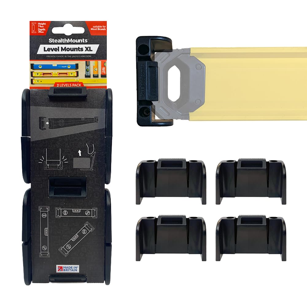 StealthMounts Universal Level Holder XL ? 2 Pack Black Wall Mounts for Spirit Levels | Fits Most Brands | Locking Level Brackets for Workshop, Garage