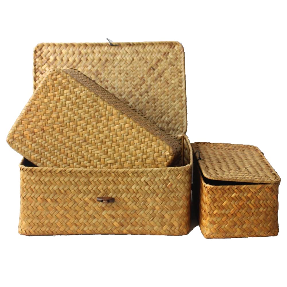 Rectangular Storage Basket with Lid for Shelf Handmade Seagrass Rattan Woven Makeup Organizer Multipurpose Container Box 3Pcs
