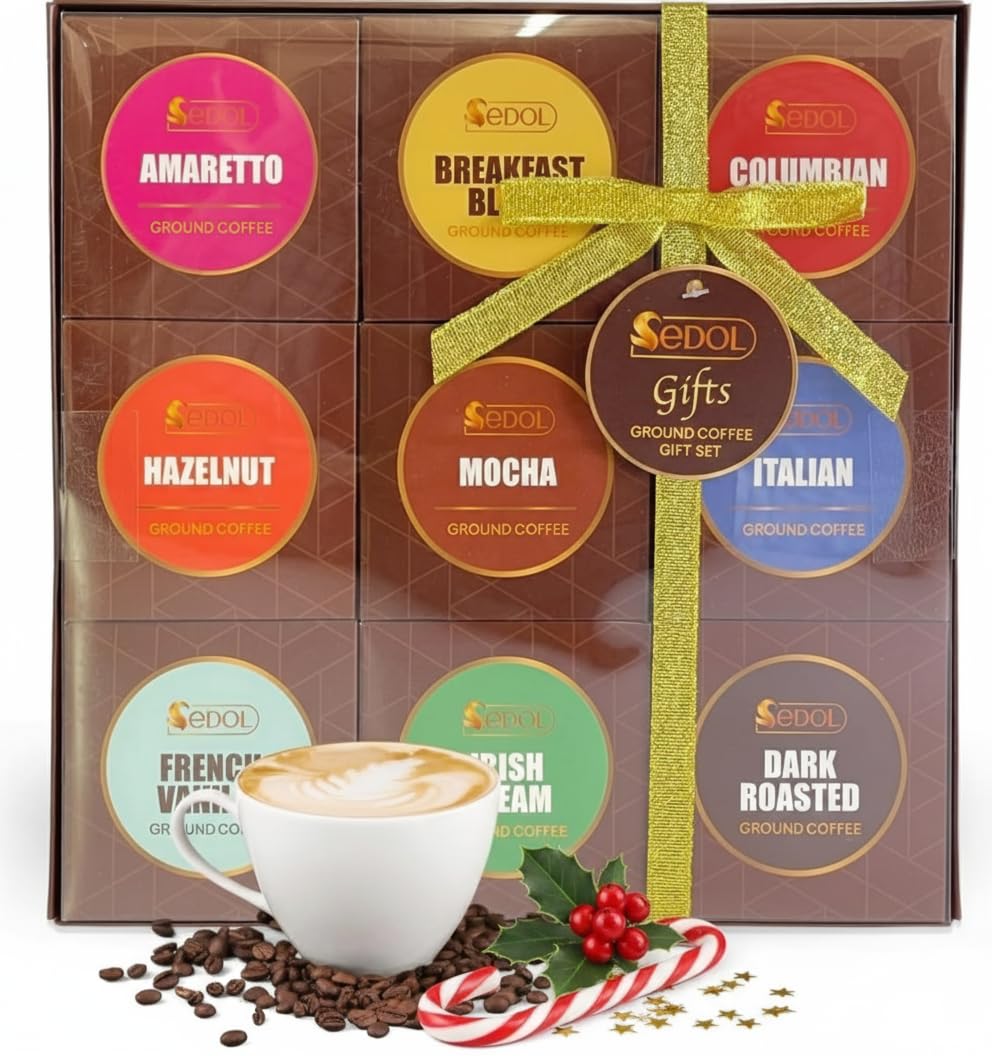 Ground Coffee Gift Set Christmas Hamper ? 9 Flavour Gourmet Selection Box for Coffee Lovers with Colombian Amaretto Hazelnut Vanilla Mocha Irish Cream