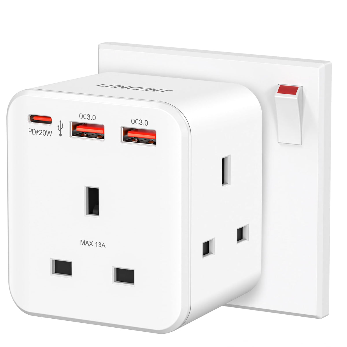 LENCENT 3 way plug adaptor with 3 Fast Charge USB, 6-in-1 Cube Multi Plug Extension with PD&QC 3.0 20W USB Wall Charger, Plug Extender for Home,