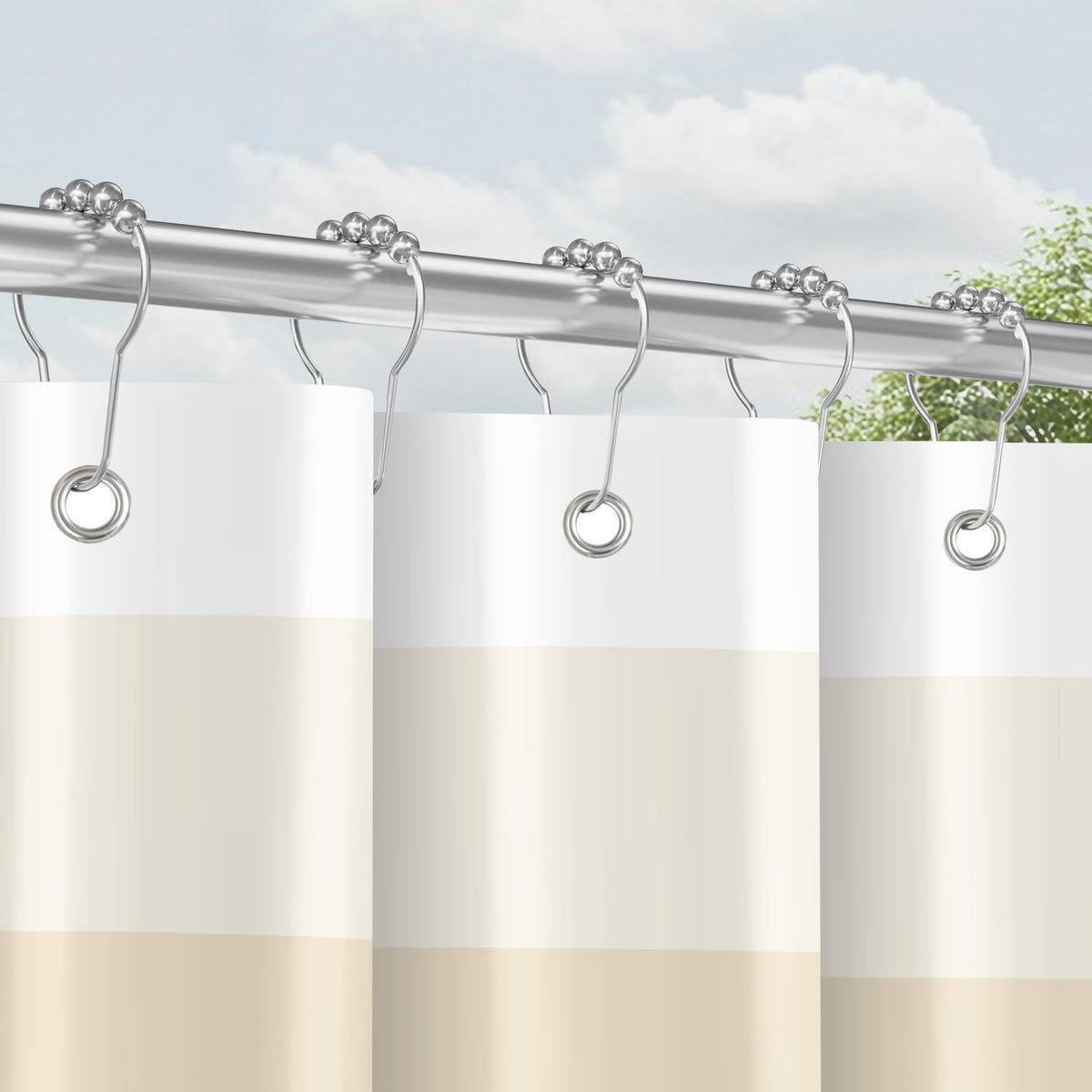 Shower Curtain with Metal Shower Curtain Rings, 180 x 200 cm Rail, Beige, Weighted Hem, Anti-Mould Textile, Water-Repellent, Washable Polyester Bath