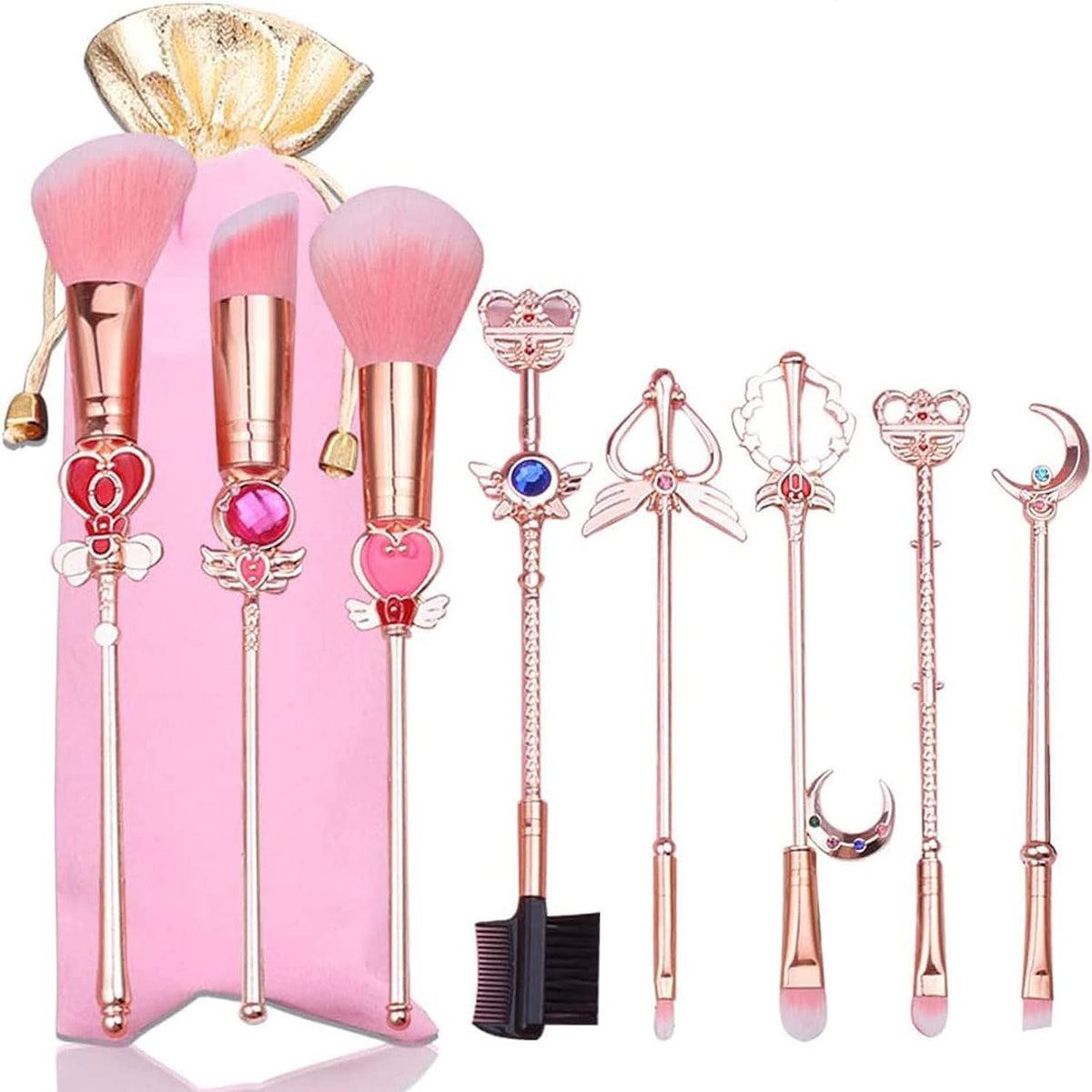 Makeup Brushes Set Moon, Kawaii Cosmetic Brushes Pink Portable Make up Brushes Basic Set with Storage Bag Novelty Gift for Girl Women (Style B)