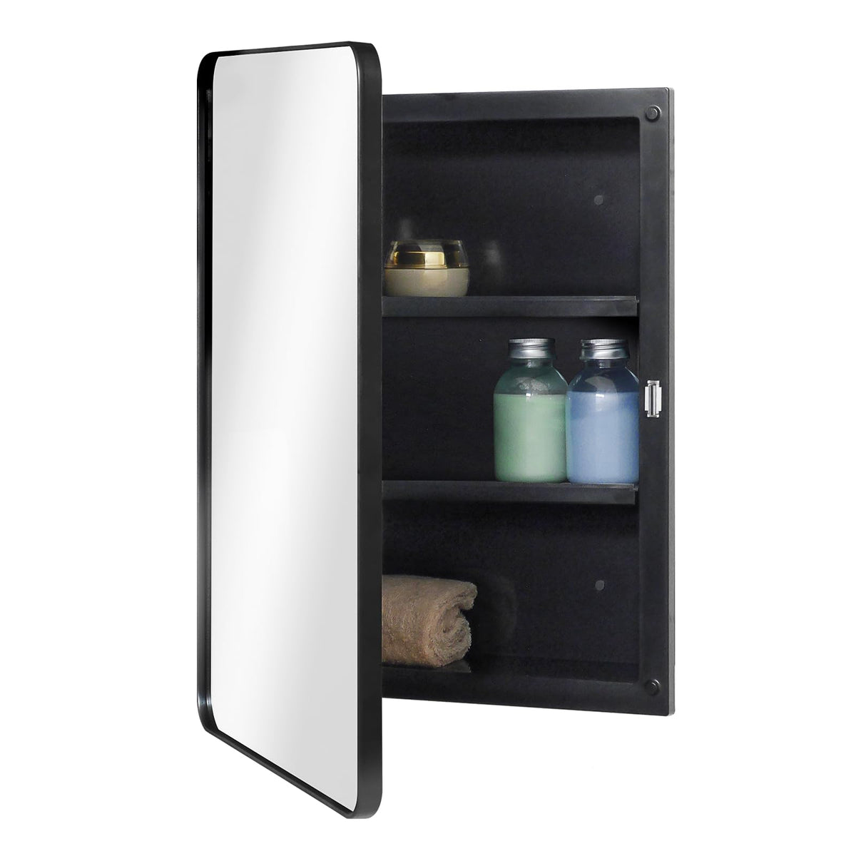 Fundin Black Plastic Mirror Cabinet with Round Corner Framed Door, Recessed and Surface Mount, 40 x 56 cm