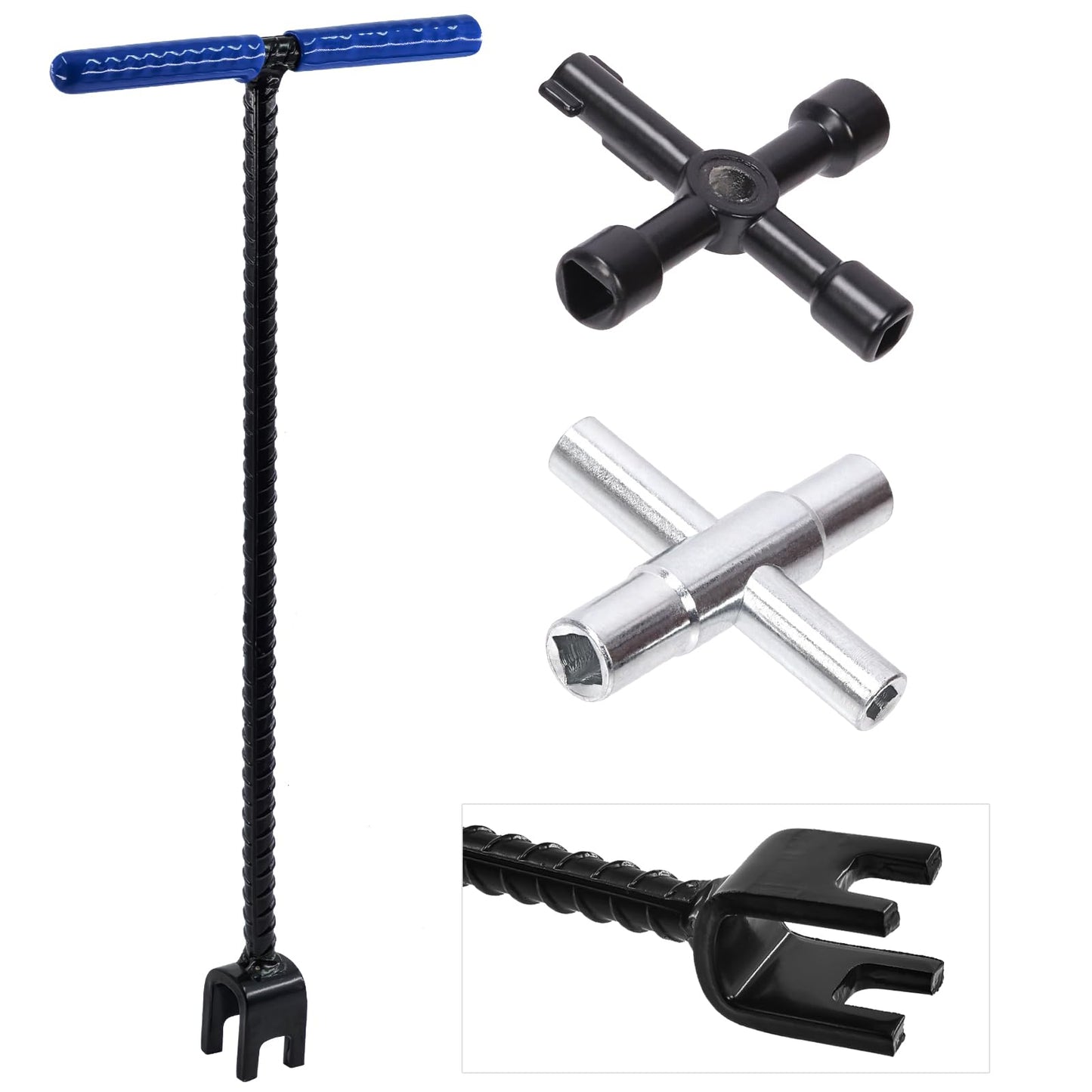 Keadic Pack of 2 Water Meter Wrench 16 Inches: 4-Way Square and T-Shaped Triangular Keys in Steel