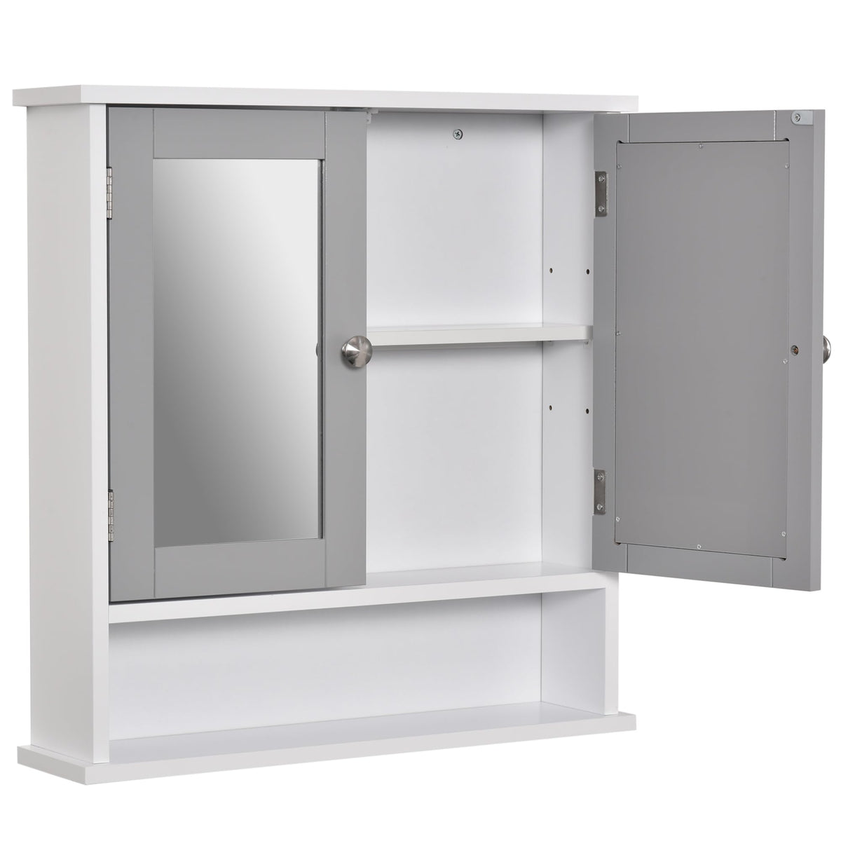 kleankin Mirror Cabinet Wall Mounted with Double Mirrored Doors, Hanging Cabinet with Cupboard and Shelf, Bathroom Wall Storage Organiser, Grey