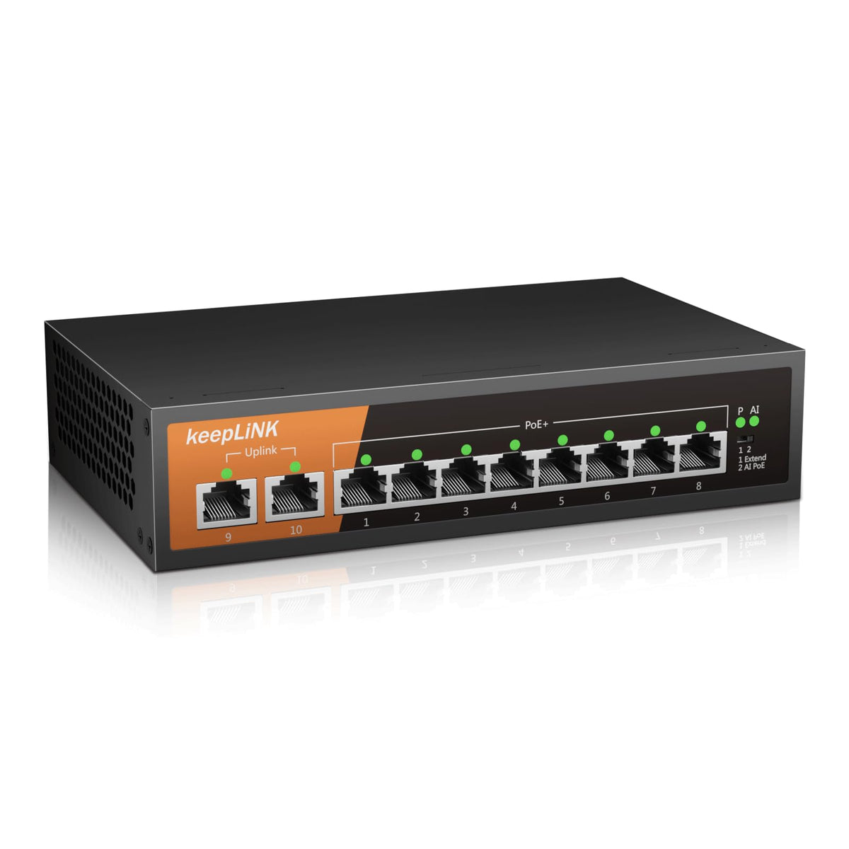 keepLiNK 10 Port Gigabit PoE Switch, 8 Ports Gigabit PoE+ & 2 Gigabit Uplink Ports, Total Power 120W 802.3af/at, Metal Casing Plug and Play Fanless