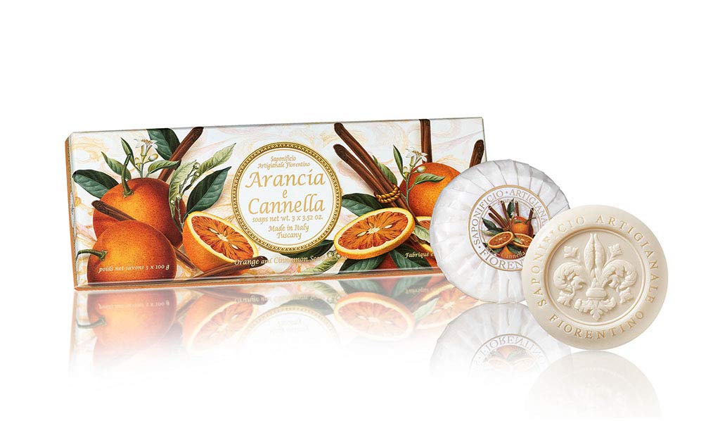 Box of Italian soap, Orange and Cinnamon, round soaps sculpted with lily, pleated wrapping and label, 3 x 3.52 oz by Saponificio Artigianale