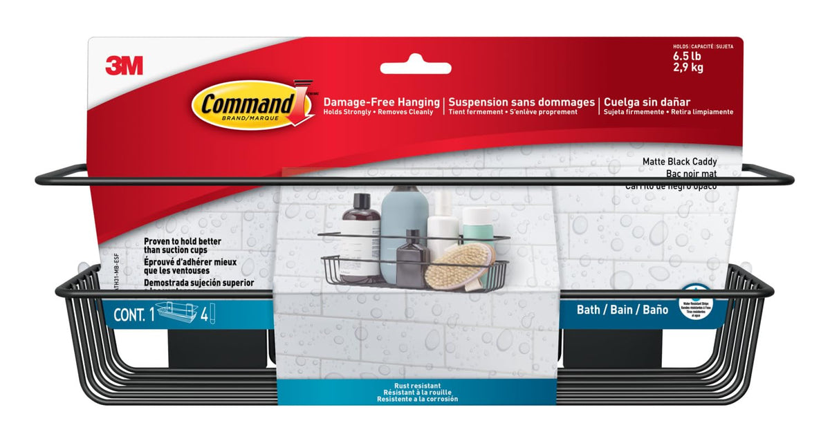 Command Bath Shower Caddy, Matte Black - 1 Caddy + 4 Water-Resistant Strips - Bathroom Shower Storage Organiser, Bath Shelf, Damage Free Hanging -