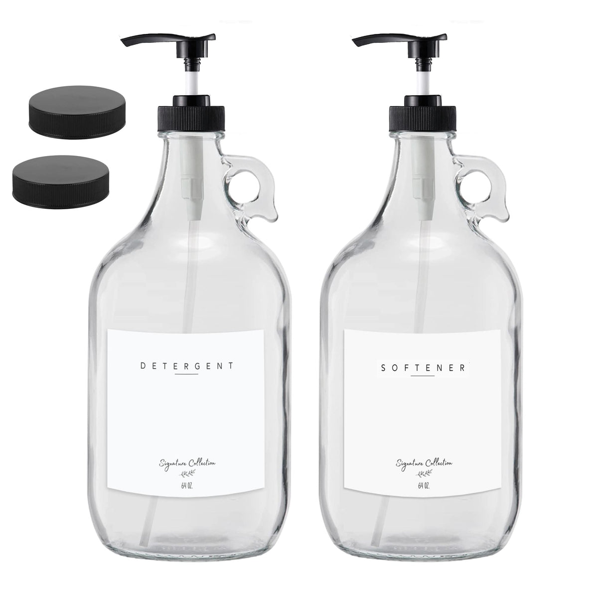 Black Commercial Liquid Laundry Dispenser - Two Half Gallon Glass Jugs for Fabric Softener, Liquid Soap and Bleach - 64 oz