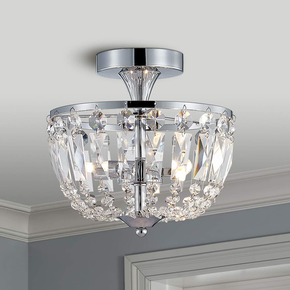 BESTIER Modern Chrome Crystal Semi Flushmount Chandelier Lighting LED Ceiling Light Fixture Lamp for Dining Room Bathroom Bedroom Livingroom 3 G9