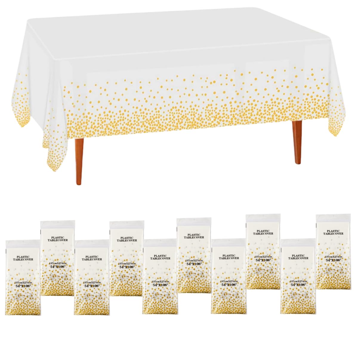 CEILIWEN 10 Packs of White and Gold Party Tablecloths, Disposable Tablecloths Table Covers, Table Decoration for Party, 274x137cm (WHITE GOLD-10