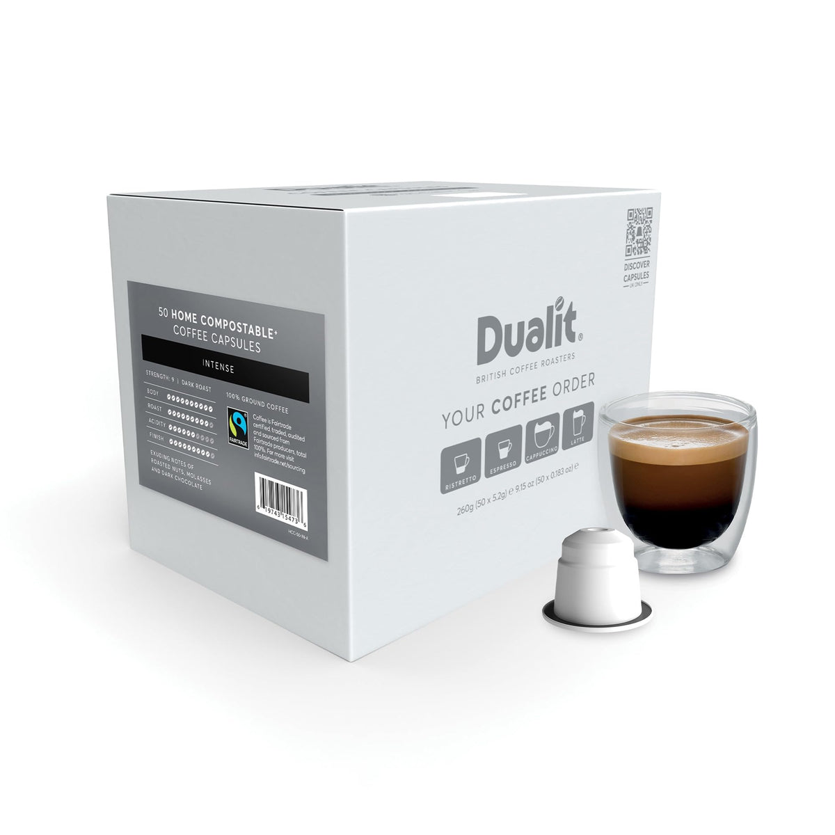 Nespresso? Compatible* Intense Home Compostable Coffee Capsules by Dualit | 50 Servings - 5 X 10 Pk of Premium Eco Friendly Fairtrade Coffee Pods -