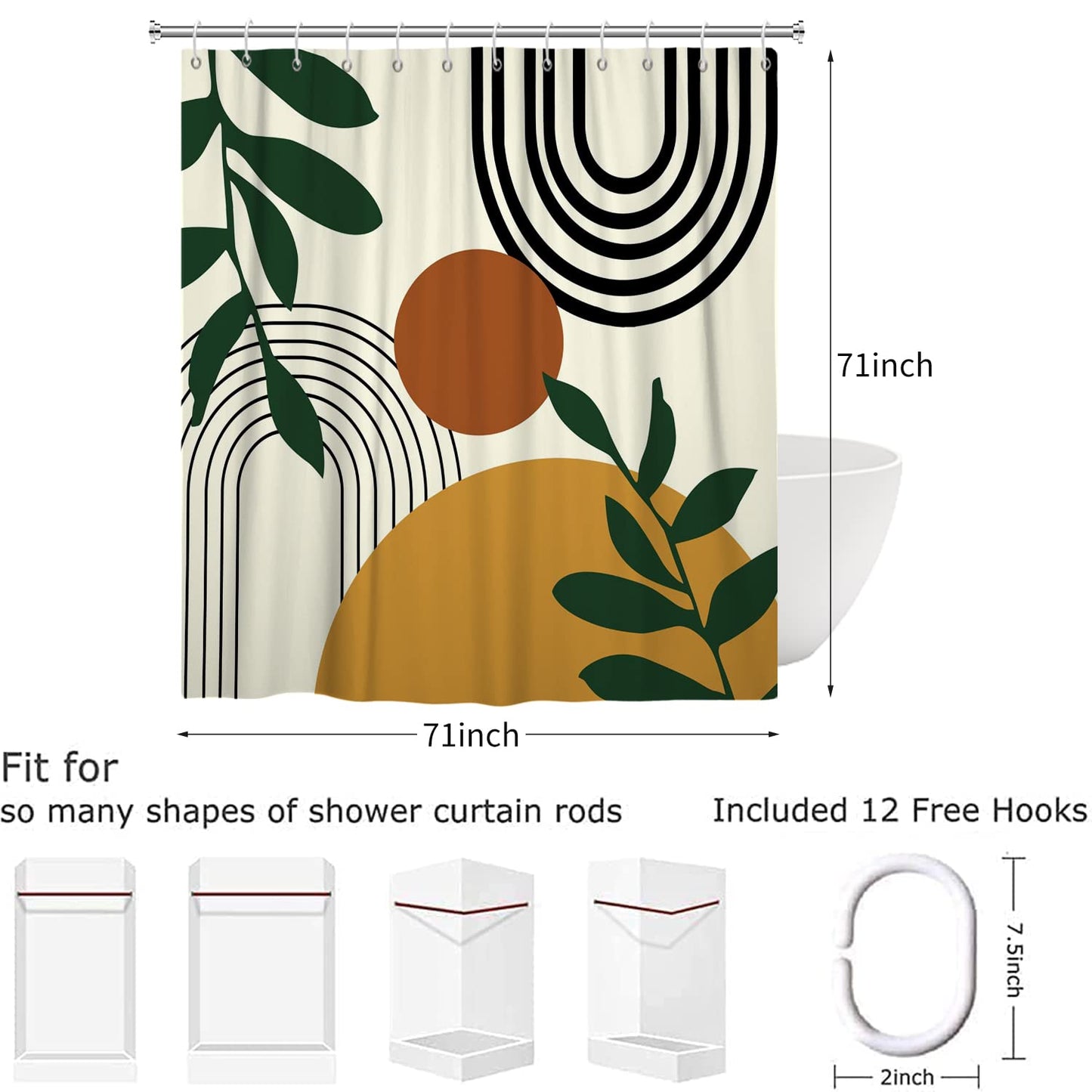 Hnmdmyi Boho Shower Curtain 180x180, Mid Century Abstract Arch Sun Green Leaf Beige Bathroom Curtains Modern Minimalist Aesthetic Art Waterproof