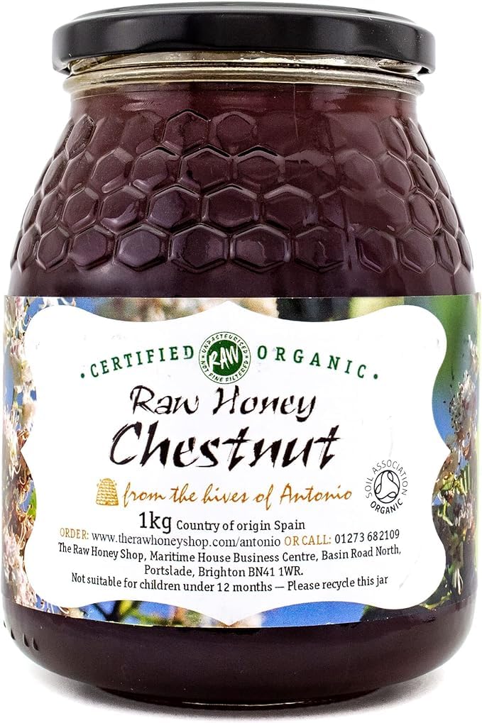 Antonio's Raw Organic Chestnut Honey 1kg/Premium Quality Wilderness Honey/Cold-Pressed, Unpasteurised, Coarse-Filtered, Rich in Minerals &