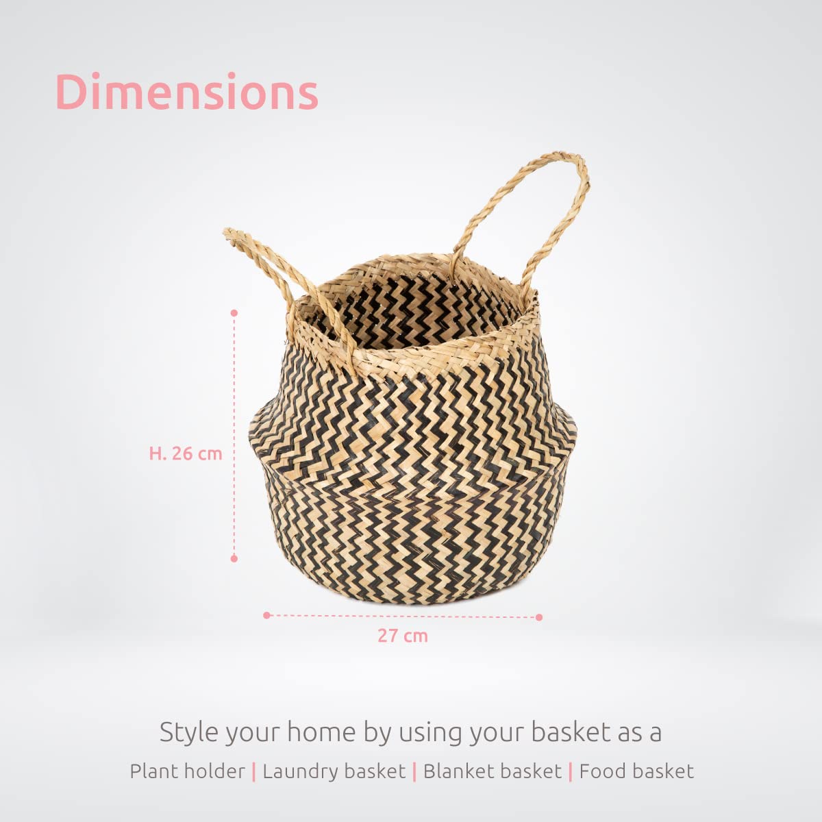 Compactor Belly Basket M - Handwoven Seagrass Storage Basket, Black (27X27X26 cm)