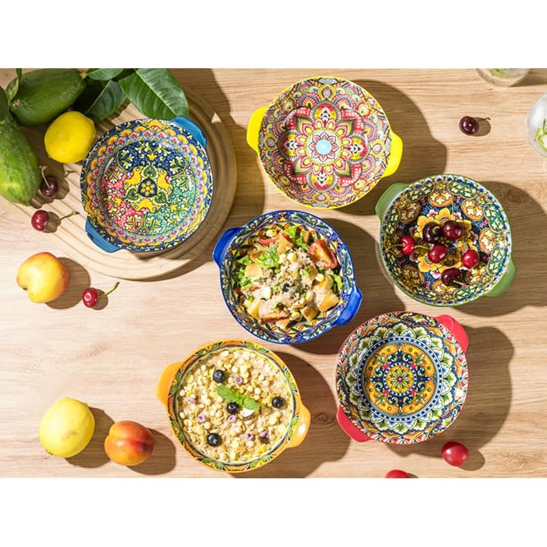 Henten Home Bowls Set, Porcelain Salad Bowl with Handles, Colorful Serving Plates 6pcs - 17.5Oz, Ceramic Bowls for Cereal Soup Salad - Bohemian Style
