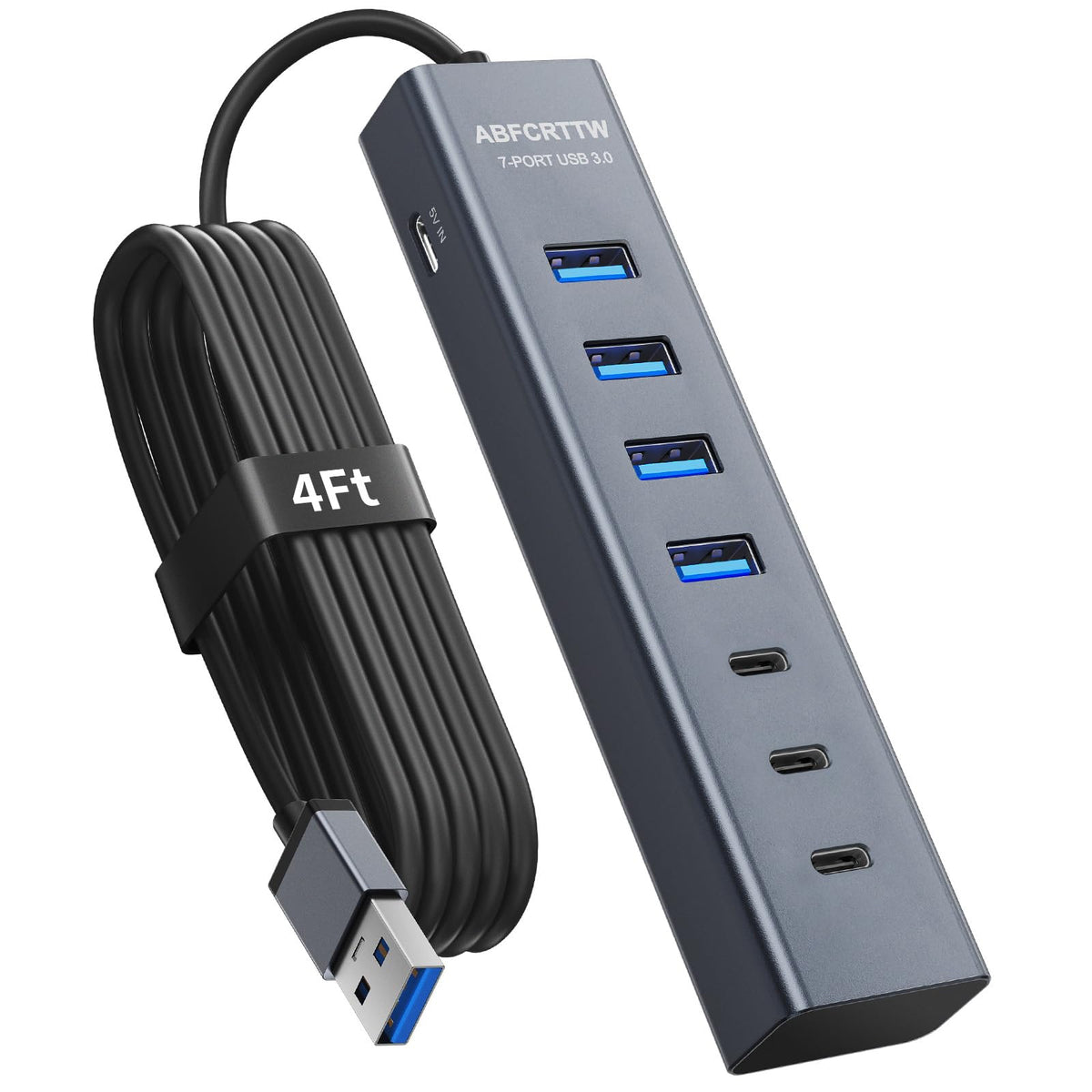 4Ft 7-Port USB Hub 3.0 for Desktop, 4 USB-A & 3 USB-C Ports Aluminium 5Gbps USB Extender Hub, USB Splitter, USB Hub Long Cable for Desktop, PC, Flash