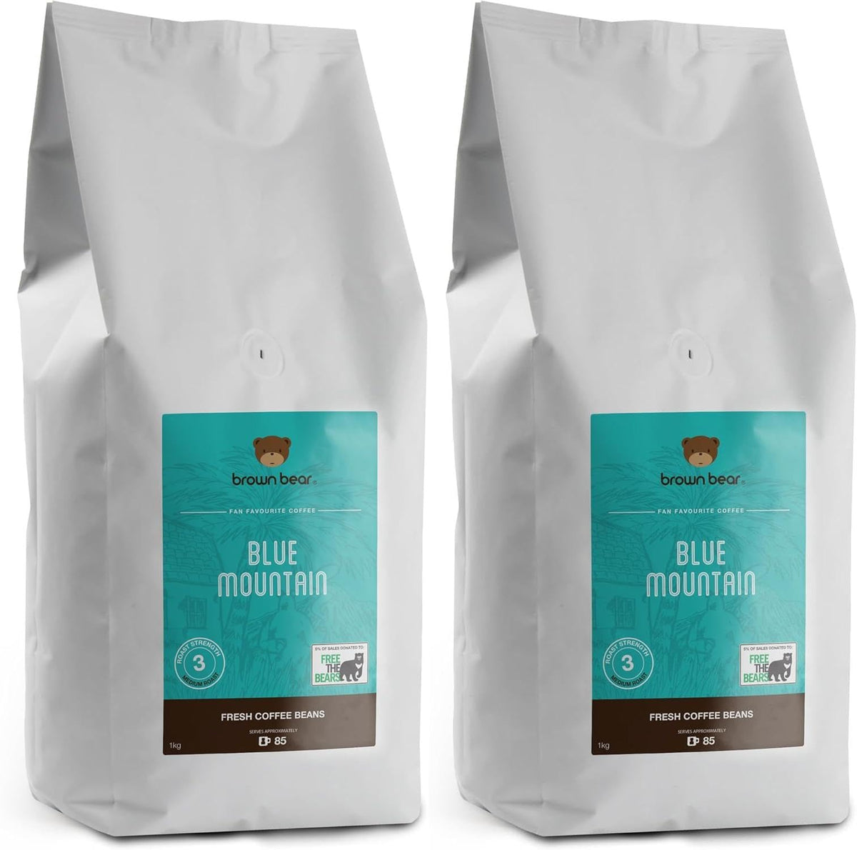 Blue Mountain Medium Roast Coffee Beans 2kg - 2 x 1kg Bundle - Brown Bear - For All Coffee Machines - Strength 3 - Donation to Free The Bears - 100%