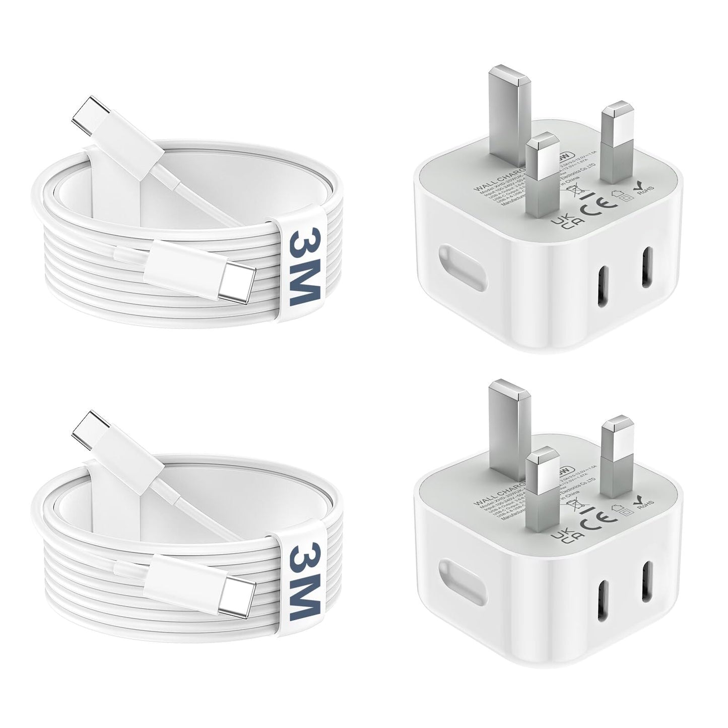 USB C Charger for iPhone 17 16 15 20W Fast Charger USB C Plug & 3M USBC Cable, 2 Pack Type C Dual Ports UK Wall Phone Charging Power Adapter Head Lead