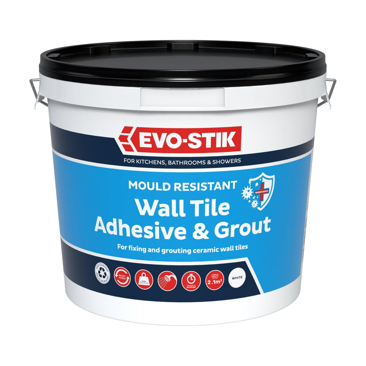 EVO-STIK Mould Resistant Wall Tile Adhesive & Grout White - 2.5L - 2-in-1 Adhesive & Grout for Bathrooms - Ready-Mixed - Waterproof - Kitchens &
