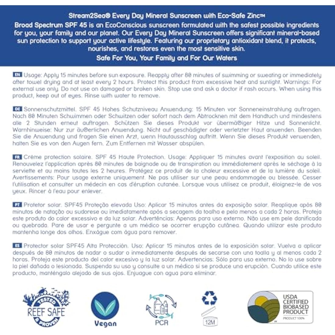 SPF 45 Every Day Active Mineral Sunscreen | 75 ml Biodegradable & Reef Safe Sunscreen for Face & Body | Non-Greasy, Lightweight & Sheer Mineral Protection Against UVA & UVB by Stream2Sea