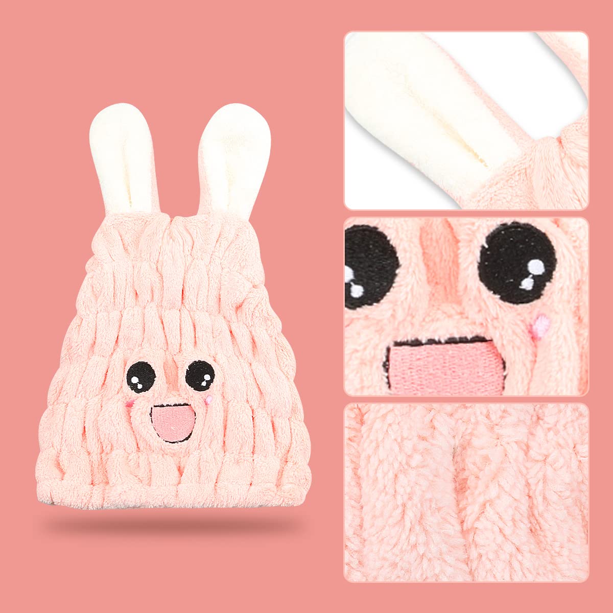 Jagowa Hair Dry Hat Wrap Towel Cute Cartoon Ear Fleece Quick Drying Bath Cap Hair Turban Cap for Women Adults or Kids Girls(Pink, White, Grey)