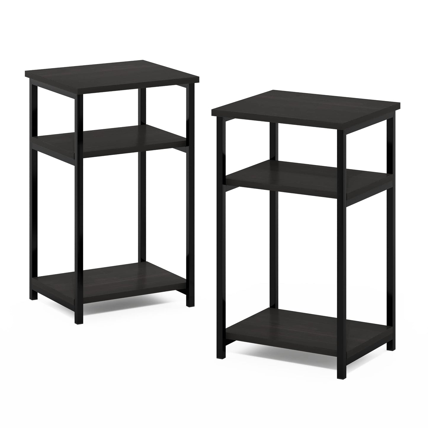 Furinno JUST Side Table Set of 2, 3-Tier Metal Frame End Table with Open Shelf, Night Stand, Bedside Table, for Living Room, Bedroom, Espresso