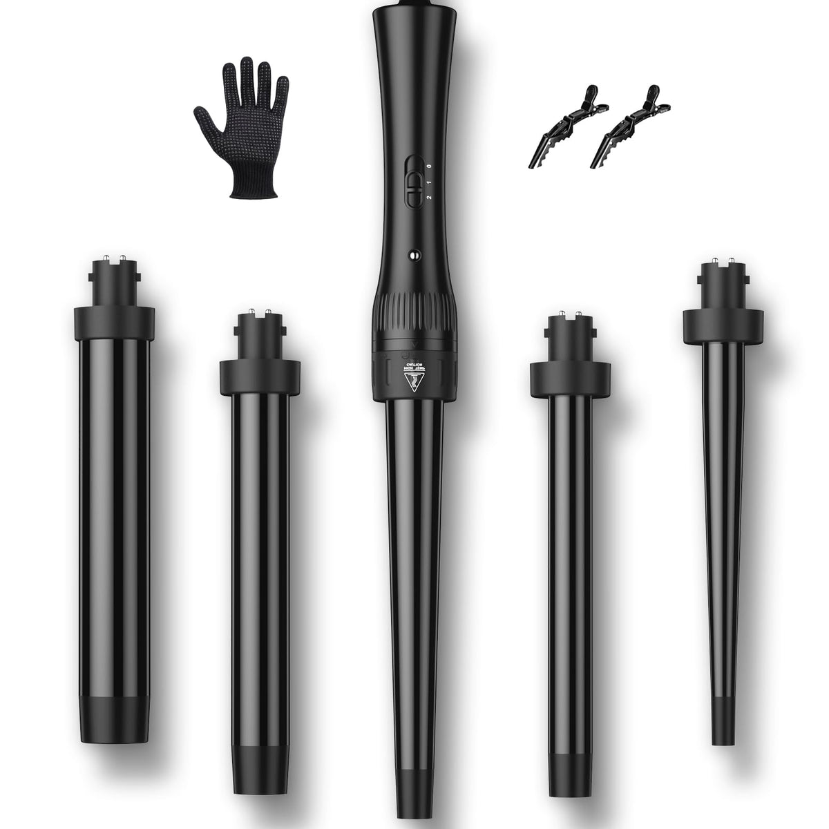 Hair Curling Wand Iron Tongs with Anti-Scald Head, 5 in 1 Hair Curler for Long Hair 10mm-32mm with 2 Crocodile Clips 1 Anti-Scald Silicone Gloves, PTC