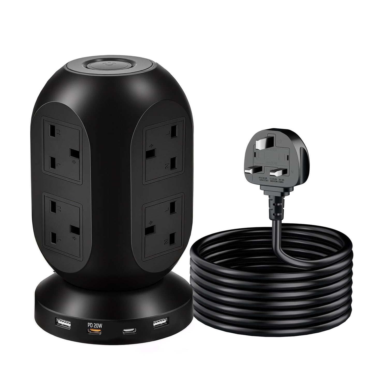 Tower Extension Lead-Power Strips with USB Ports with 8 Outlets and 2 USB Ports,2USB-C(PD20W)Power Tower Extension,Extension Cable with 6 Feet