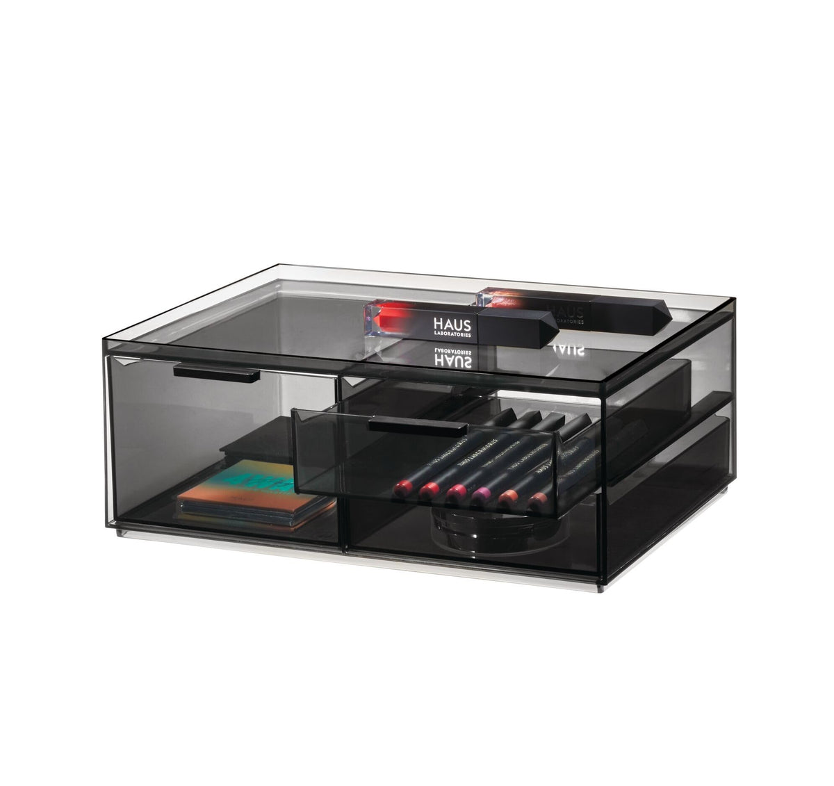iDesign 3-Drawer Makeup Box from the Signature Series by Sarah Tanno, Wide RPET Makeup Organiser Storage, Makeup Storage, Smoke/Matte Black,