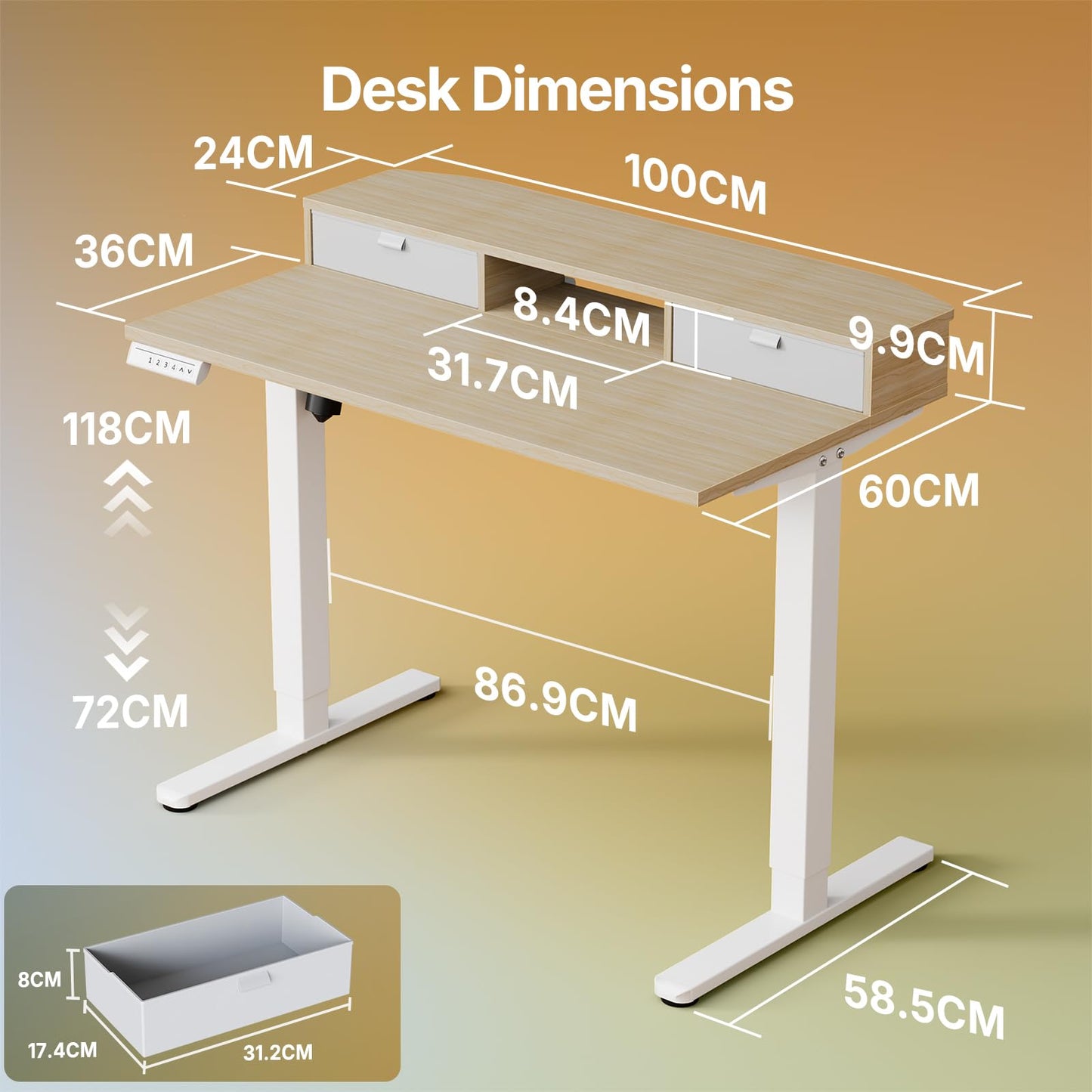 HUANUO Standing Desk with Drawers, 100x60cm, Natural