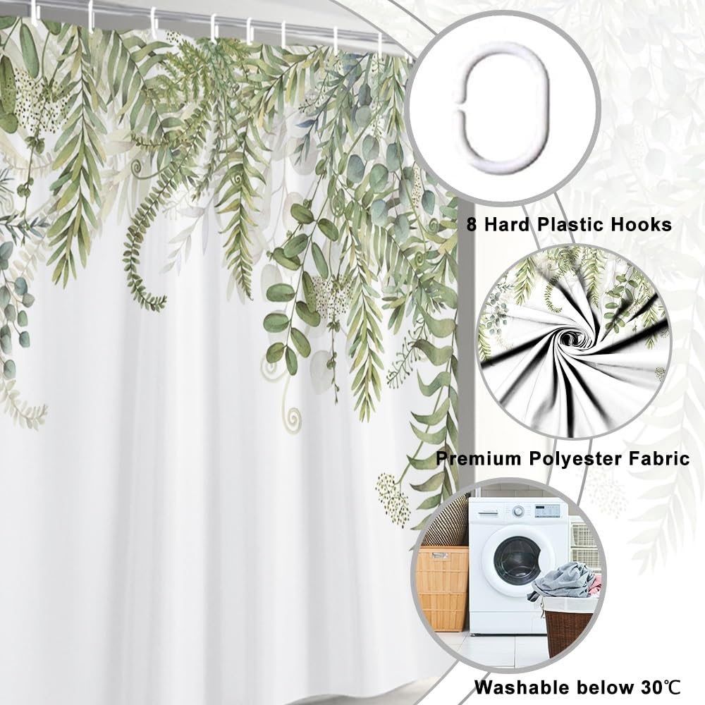 Uiiooazy Green Eucalyptus Shower Curtain, Sage Green Leaves Pattern Bath Curtain Mildew and Mould Resistant Waterproof Polyester Fabric Washable