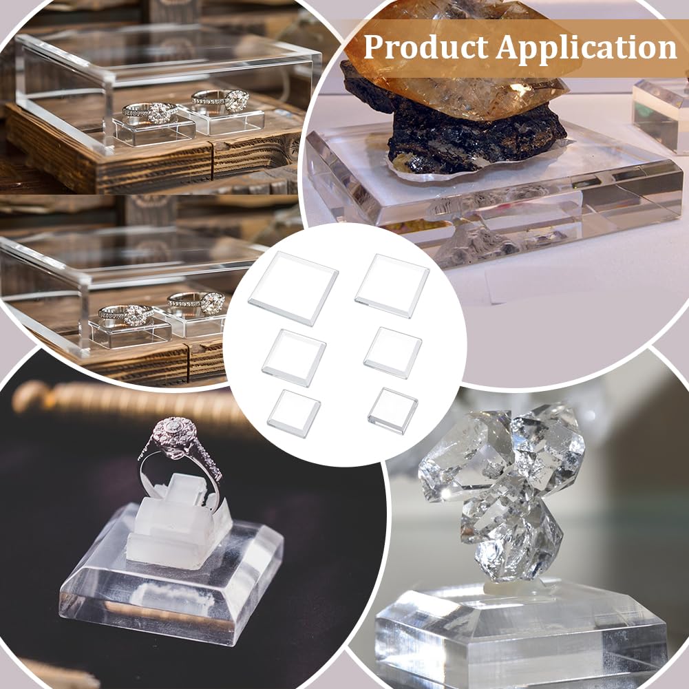 PH PandaHall 6 Pack Clear Crystal Glass Display Base, 6 Size Square Flat Glass Display Stand Blocks Cube Polished Riser Pedestal Stand for Figurines