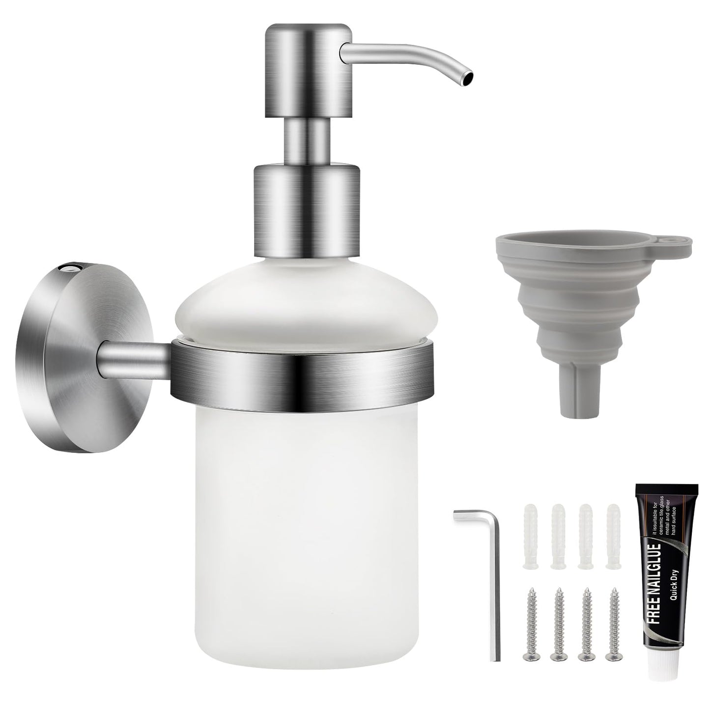 EXLECO Soap Dispenser Wall Mounted Soap Dispenser Set Drilling & Self-Adhesive 304 Stainless Steel 200 ml Chrome-Plated Satin Glass Bottle Hand