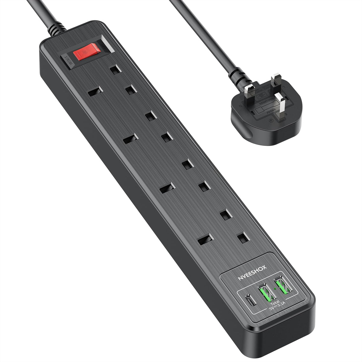 NVEESHOX Black Extension Lead 2M (13A 3250W), 4 Way Outlets Extension Cord, Surge Protected Extension Lead with USB Slots (2 USB-A & 1 USB-C), Multi
