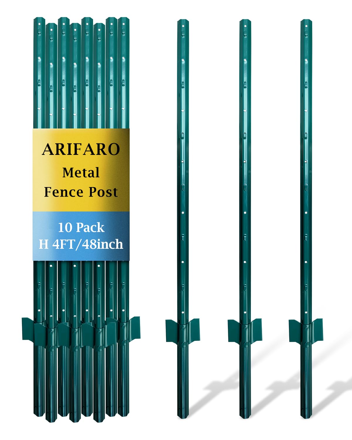 ARIFARO Metal Fence Posts 121cm / 4ft, Pack of 10, Sturdy Duty No Digging Garden U Post for Wire Fencing Steel Poles for Yard, Outdoor Wire