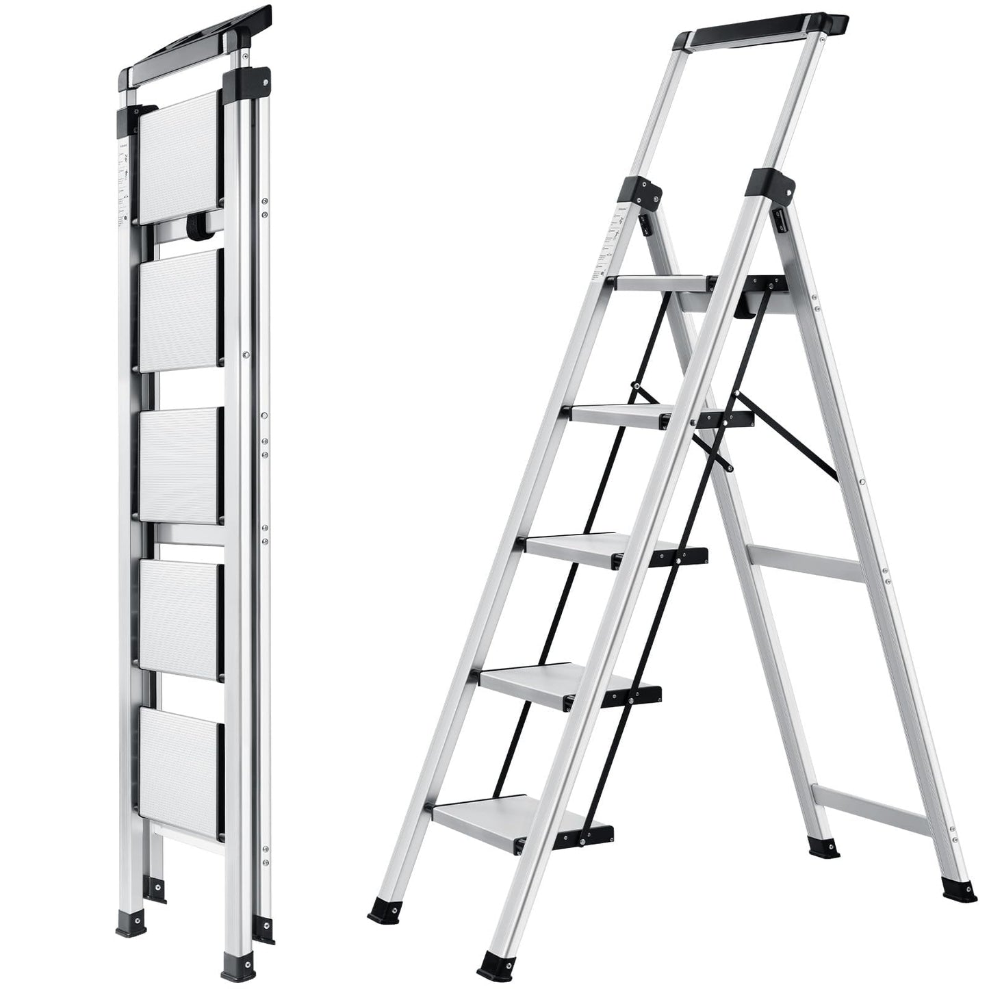 XinSunho Step Ladder 5 Step, Aluminum Folding Step Stool with Retractable Handgrip & Removable Tool Tray, Lightweight Stepladders for High Closet,