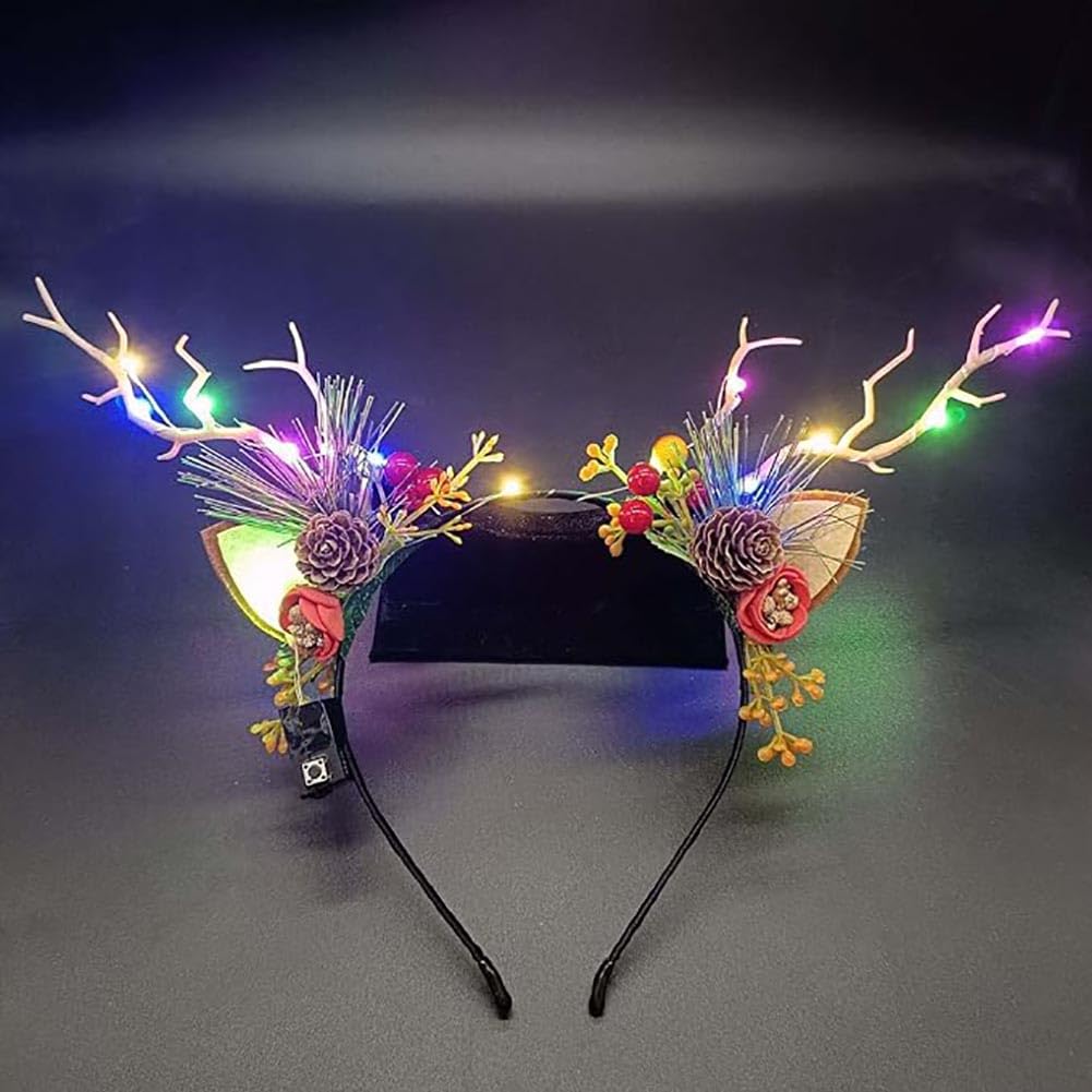 Clataly LED Light up Headband Glowing Reindeer Antlers Hair Accessories Luminous Tiara Christmas Party Hair Hoop Feather Headwear for Women (Color