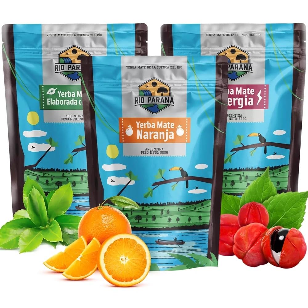 Rio Parana Yerba Mate Tea Set 3x500g - Argentine Yerba Mate Selection: Elaborada con Palo, Energia & Naranja