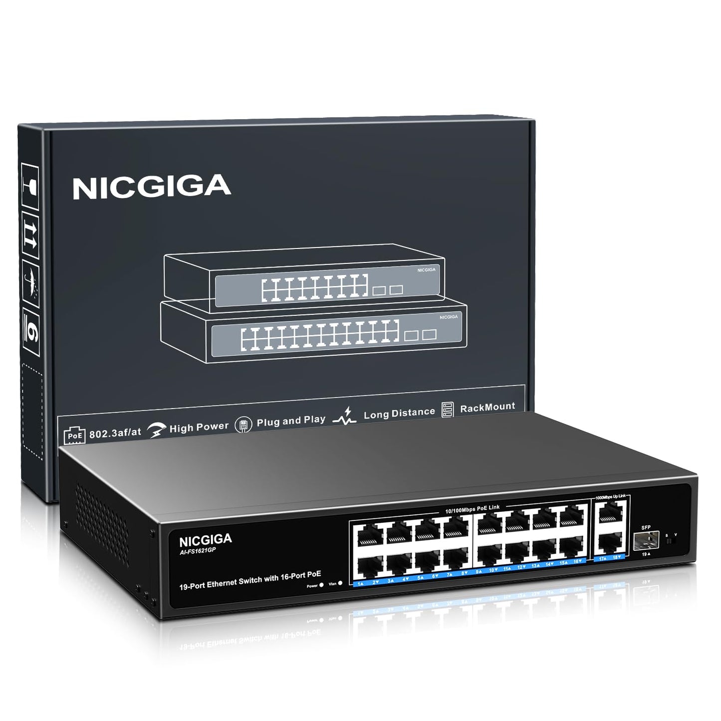 NICGIGA 16 Port PoE+ Switch, 250W, 2 Gigabit Uplink, 1 SFP, Metal Case, Unmanaged, RJ45, SFP, Camera, Desktop, Laptop, Printer Compatible, 19 inch