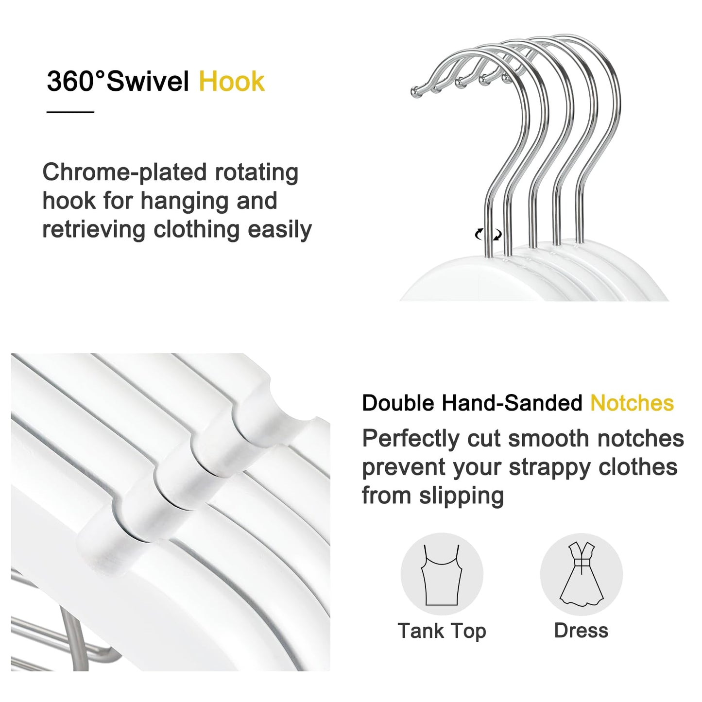 TOPIA HANGER Wooden Suit Hangers with Adjustable Metal Clips (10 Pack), Solid Smooth Wood Clothes Hangers, 360° Swivel Hook