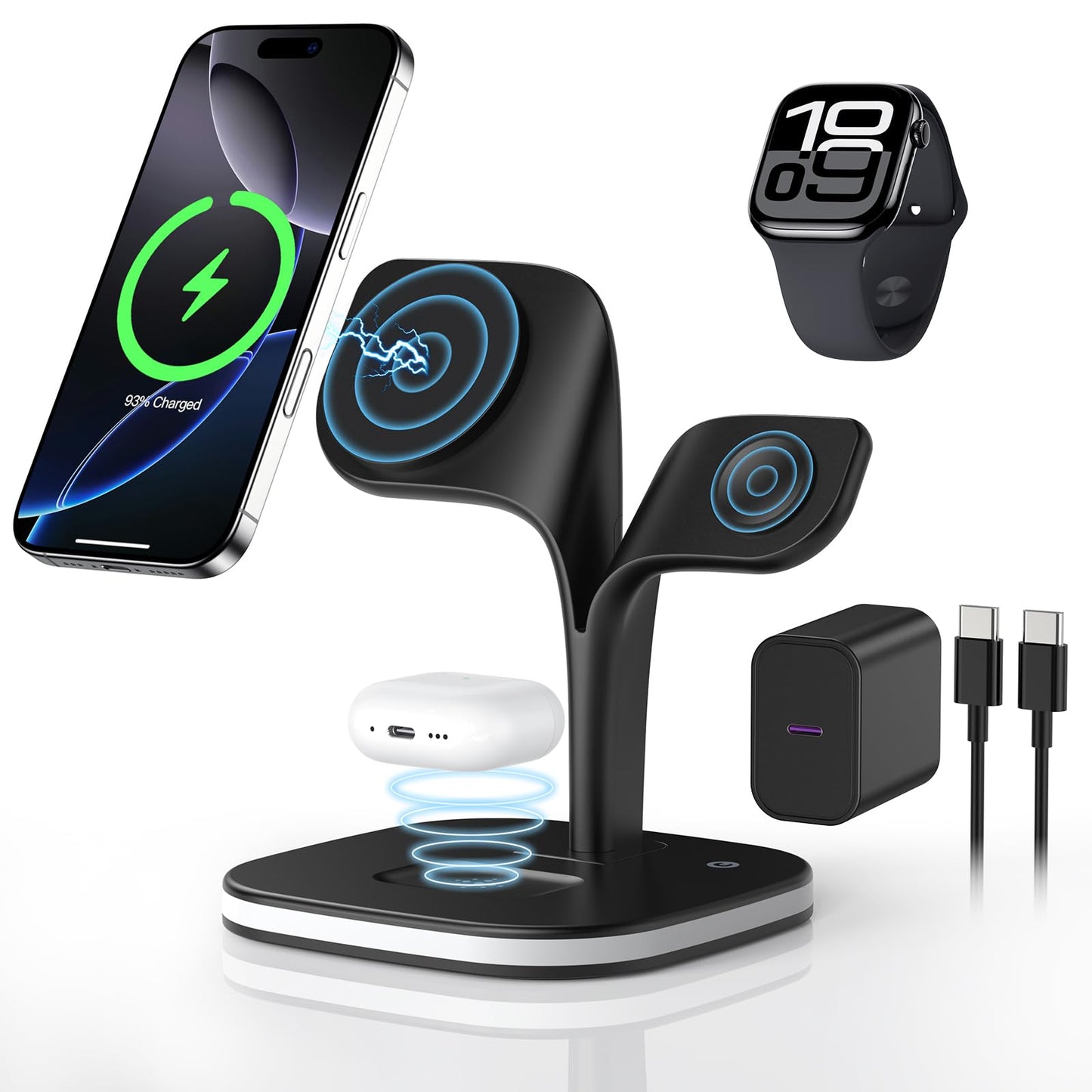 3 in 1 Wireless Charging Station for Apple Devices, MagSafe Wireless Charger Magnetic Charging for iPhone 17/Air/16/15/14/13/12 Series, AirPods Pro