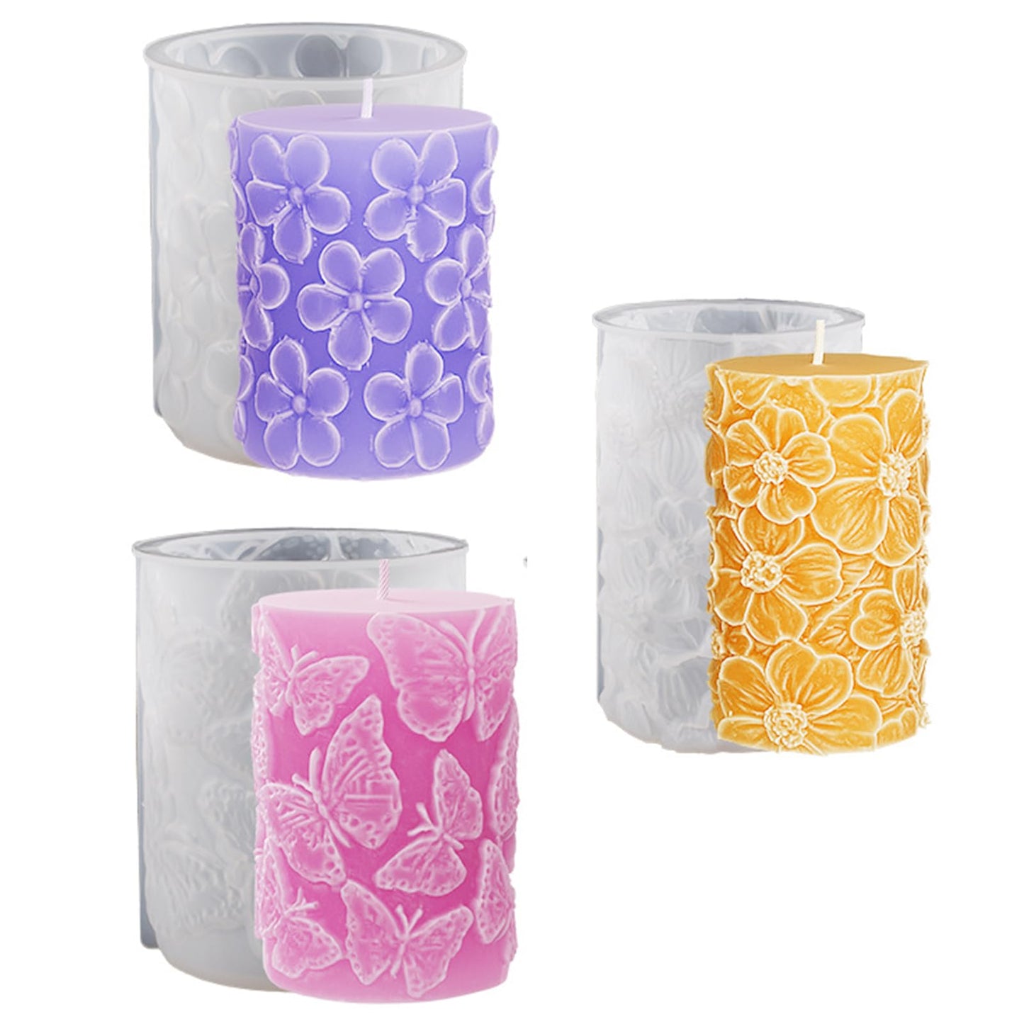 Bekecidi 3 PCS Candle Moulds for Candle Making, Butterfly Pillar Candle Moulds Silicone Epoxy Resin Moulds Flower Cylinder Candle Molds for Making 3D
