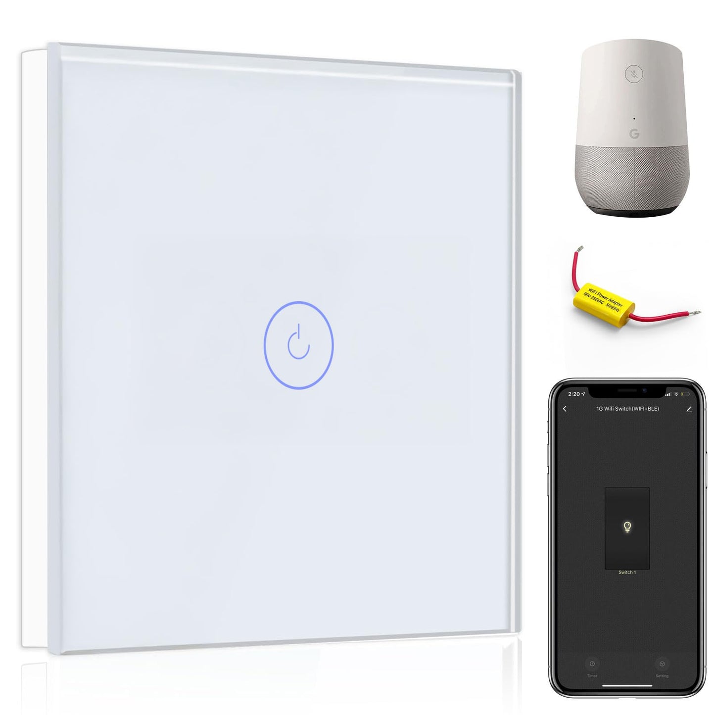 BSEED WiFi Touch Switch White,1 Gang 1 Way Smart Light Switch Compatible with Alexa and Google Home,with Smart Life Remote Control(No Hub Required)-No