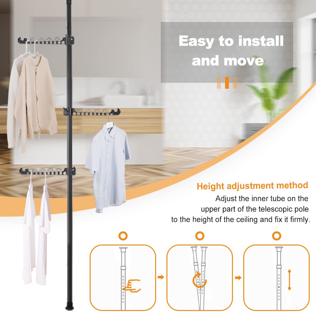 Hershii Telescopic Coat Rack, 110-310cm Adjustable Tension Rod with 5 Hooks