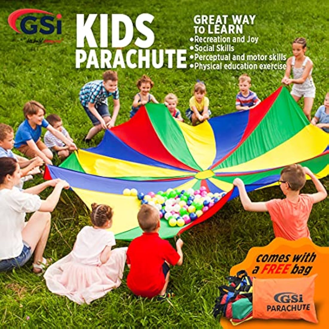GSi Kids Play Parachute Rainbow Parachute Toy Tent Game for Children Gymnastic Cooperative Play and Outdoor Playground Activities (30 Feet)