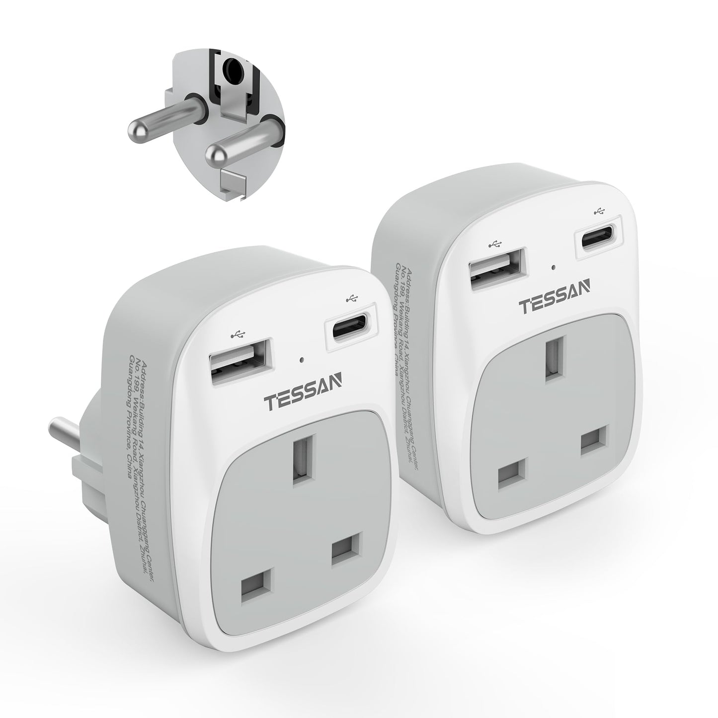 UK to European Plug Adapter 2 Pack, TESSAN Schuko Grounded Euro Plug Adapter with 2 USB Ports (1 USB C), Travel Adaptors UK to EU for Europe Spain